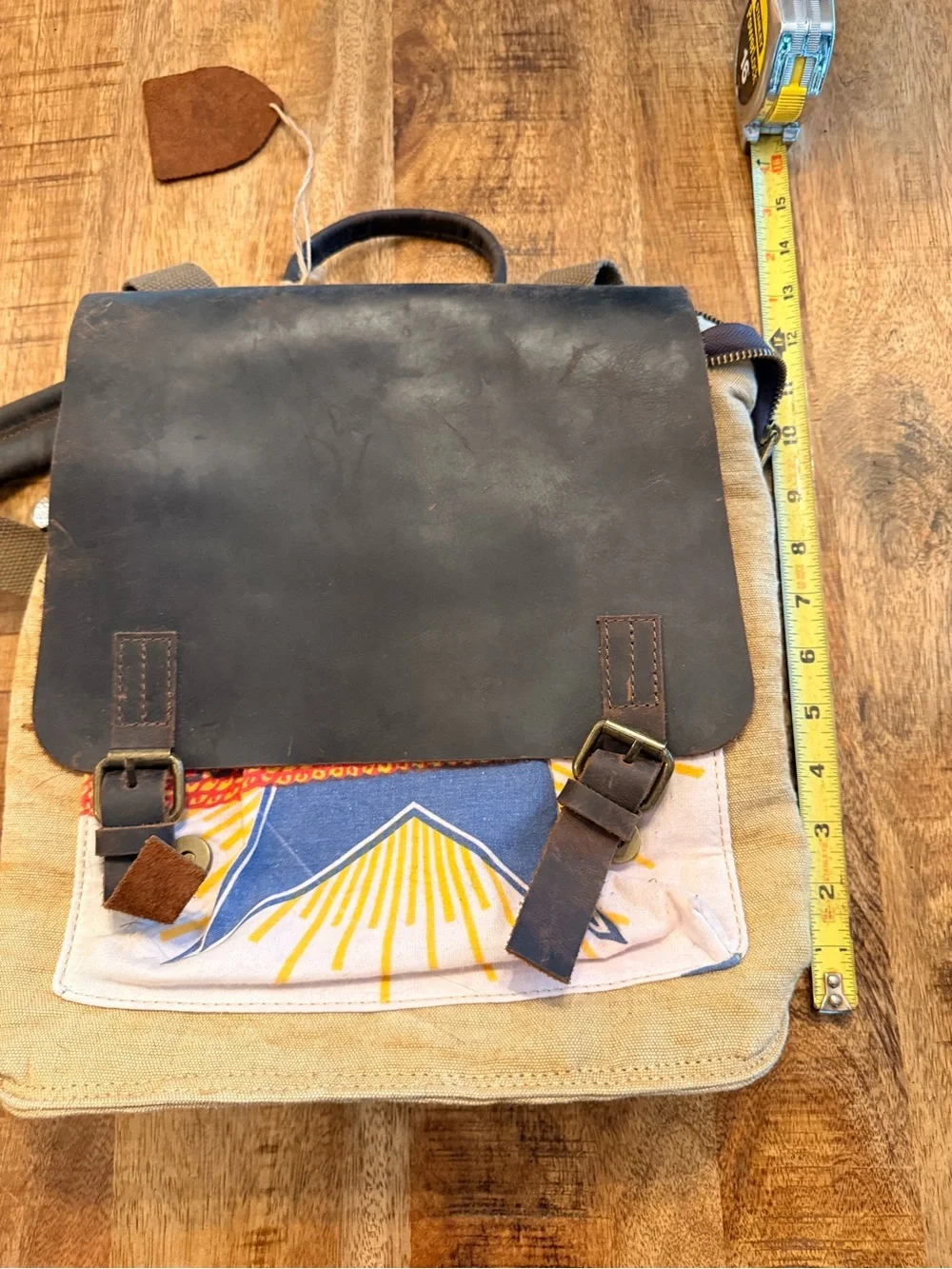 one of a kind - heavy duty Brown Leather & Tan Canvas Backpack with Blue Accent